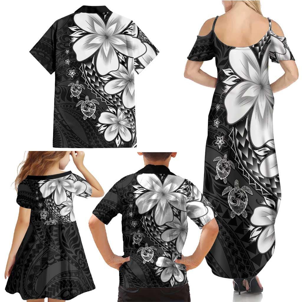 Polynesia Romantic Valentine Family Matching Summer Maxi Dress and Hawaiian Shirt Sea Turtle Couple With Black Plumeria
