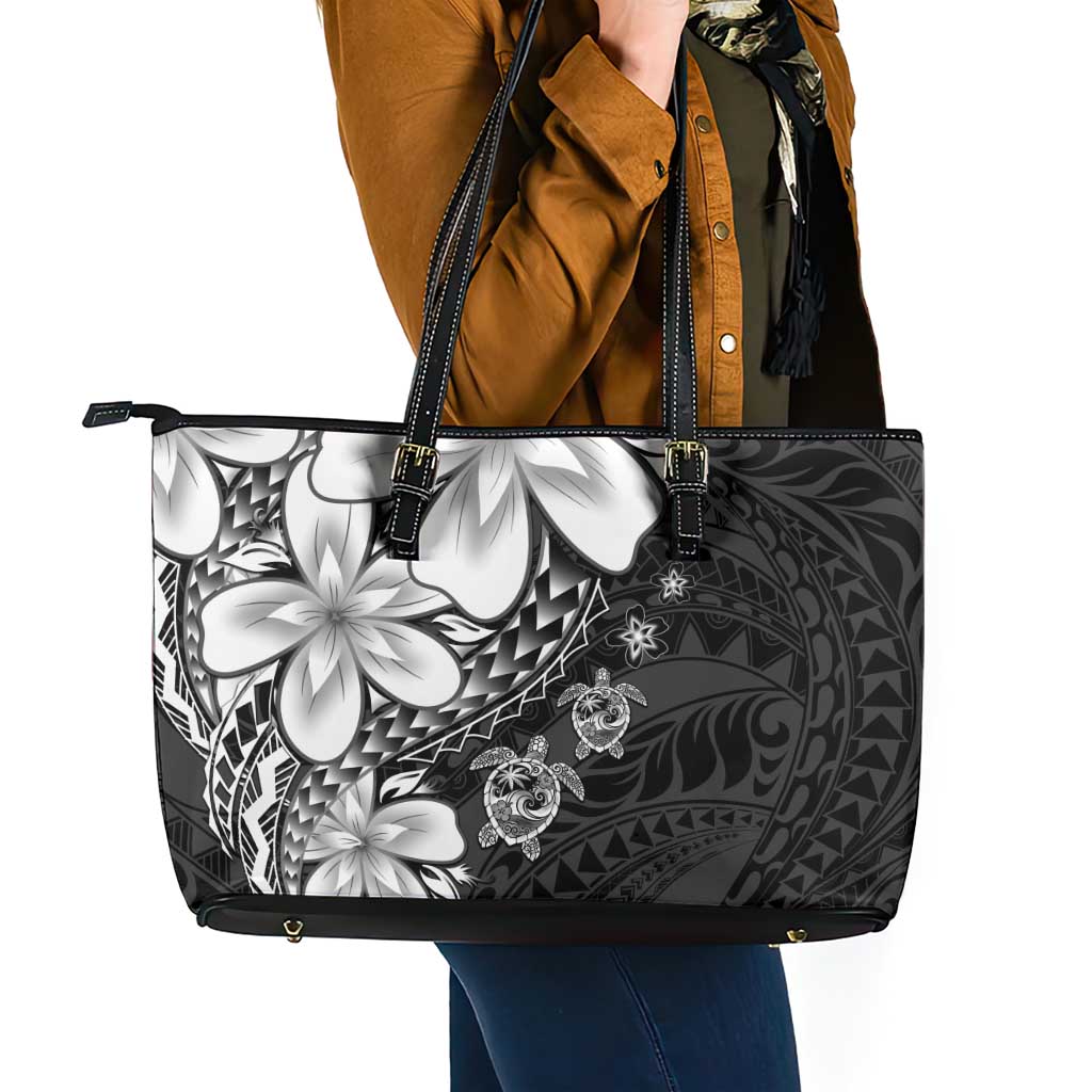 Polynesia Romantic Valentine Leather Tote Bag Sea Turtle Couple With Black Plumeria