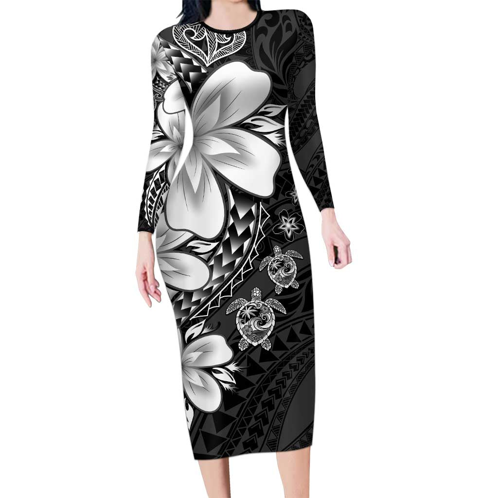 Polynesia Romantic Valentine Long Sleeve Bodycon Dress Sea Turtle Couple With Black Plumeria LT05 Long Dress Black - Polynesian Pride