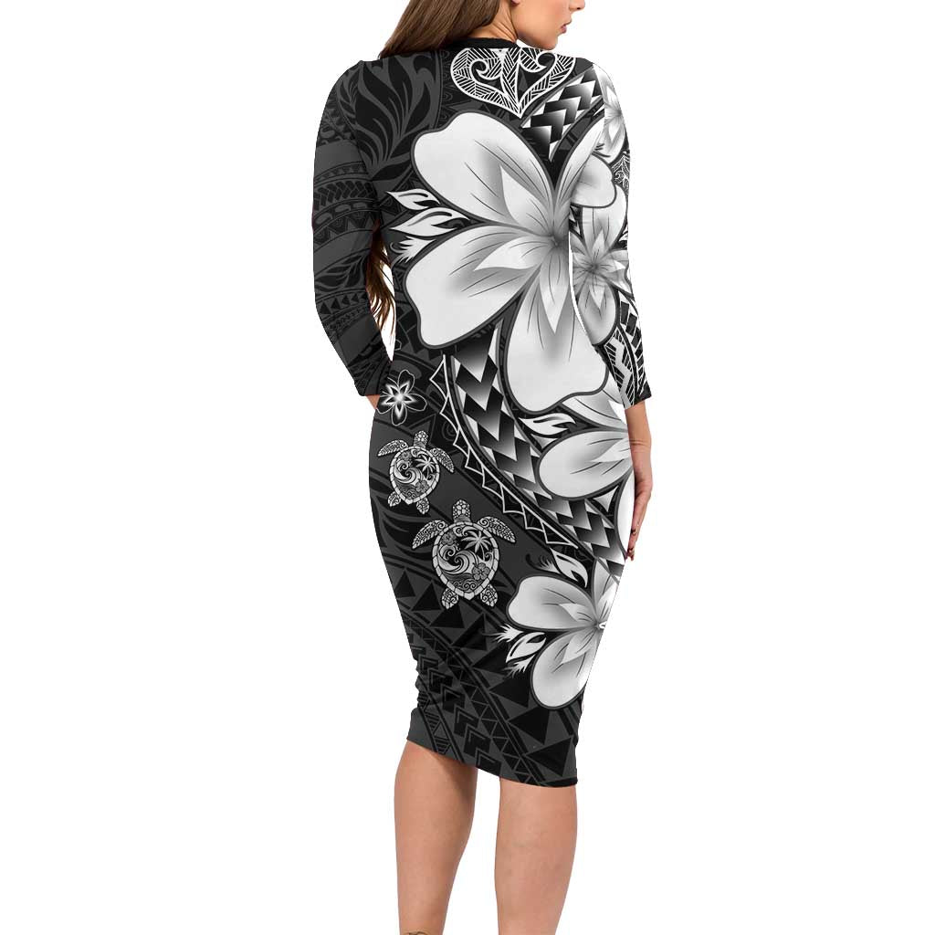 Polynesia Romantic Valentine Long Sleeve Bodycon Dress Sea Turtle Couple With Black Plumeria LT05 - Polynesian Pride