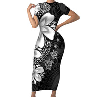 Polynesia Romantic Valentine Short Sleeve Bodycon Dress Sea Turtle Couple With Black Plumeria LT05 Long Dress Black - Polynesian Pride