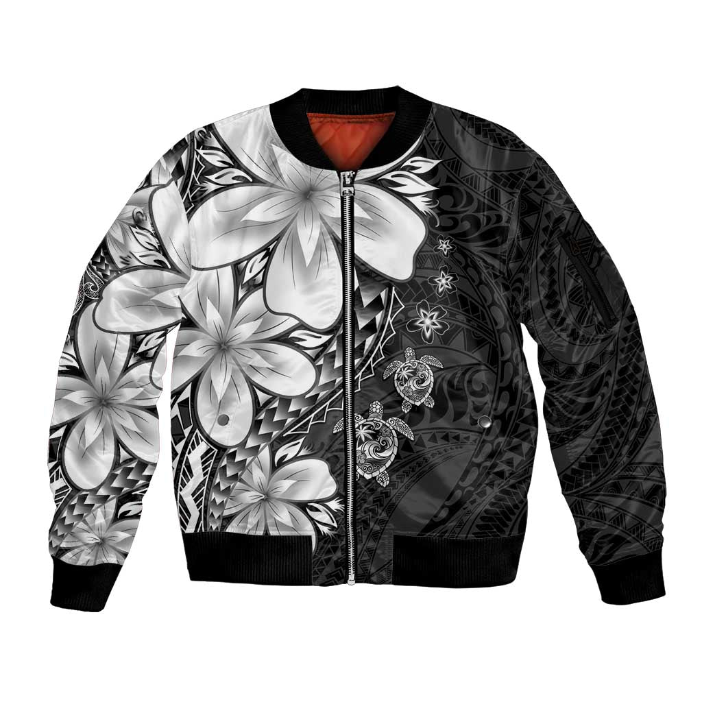 Polynesia Romantic Valentine Sleeve Zip Bomber Jacket Sea Turtle Couple With Black Plumeria LT05 Unisex Black - Polynesian Pride