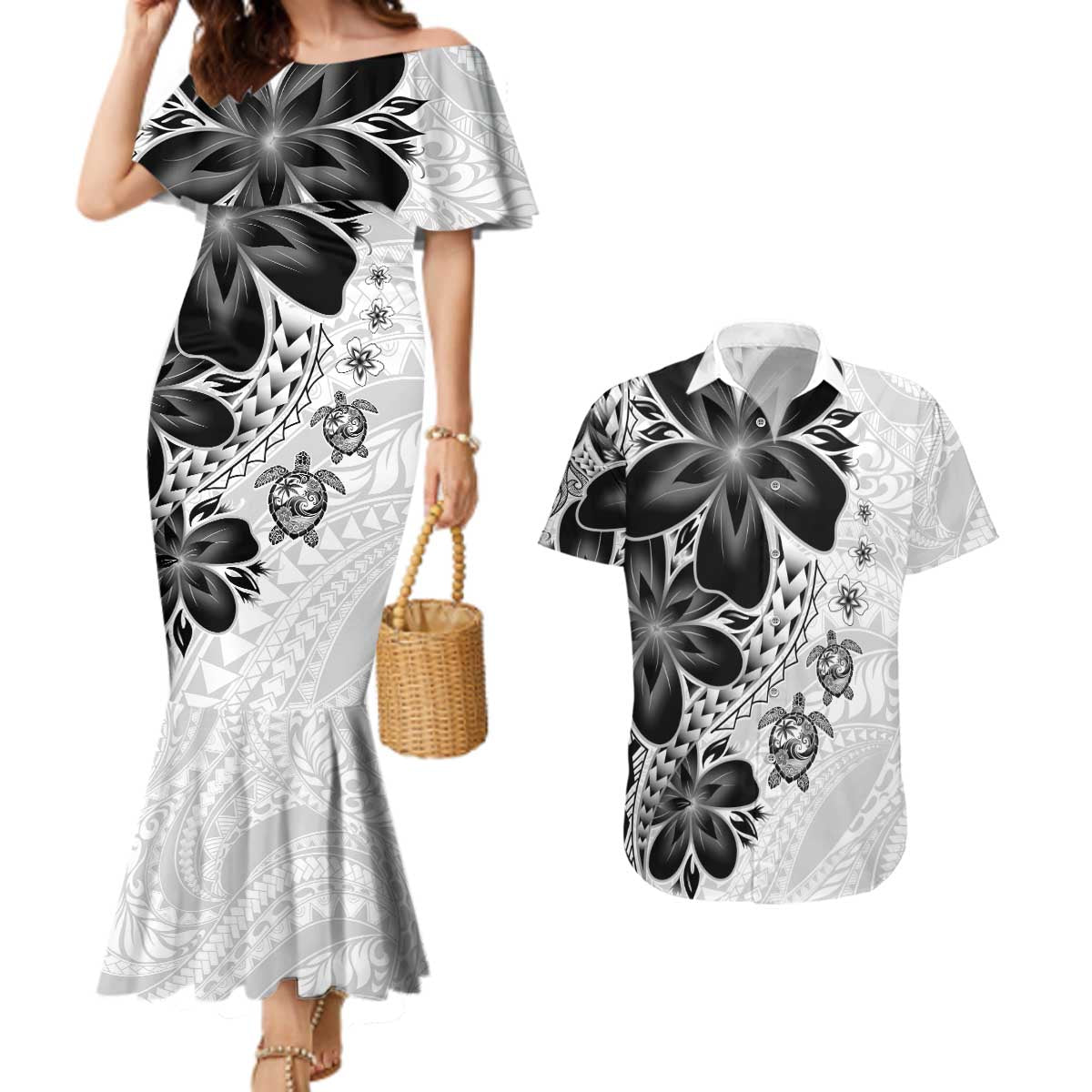 Polynesia Romantic Valentine Couples Matching Mermaid Dress and Hawaiian Shirt Sea Turtle Couple With White Plumeria
