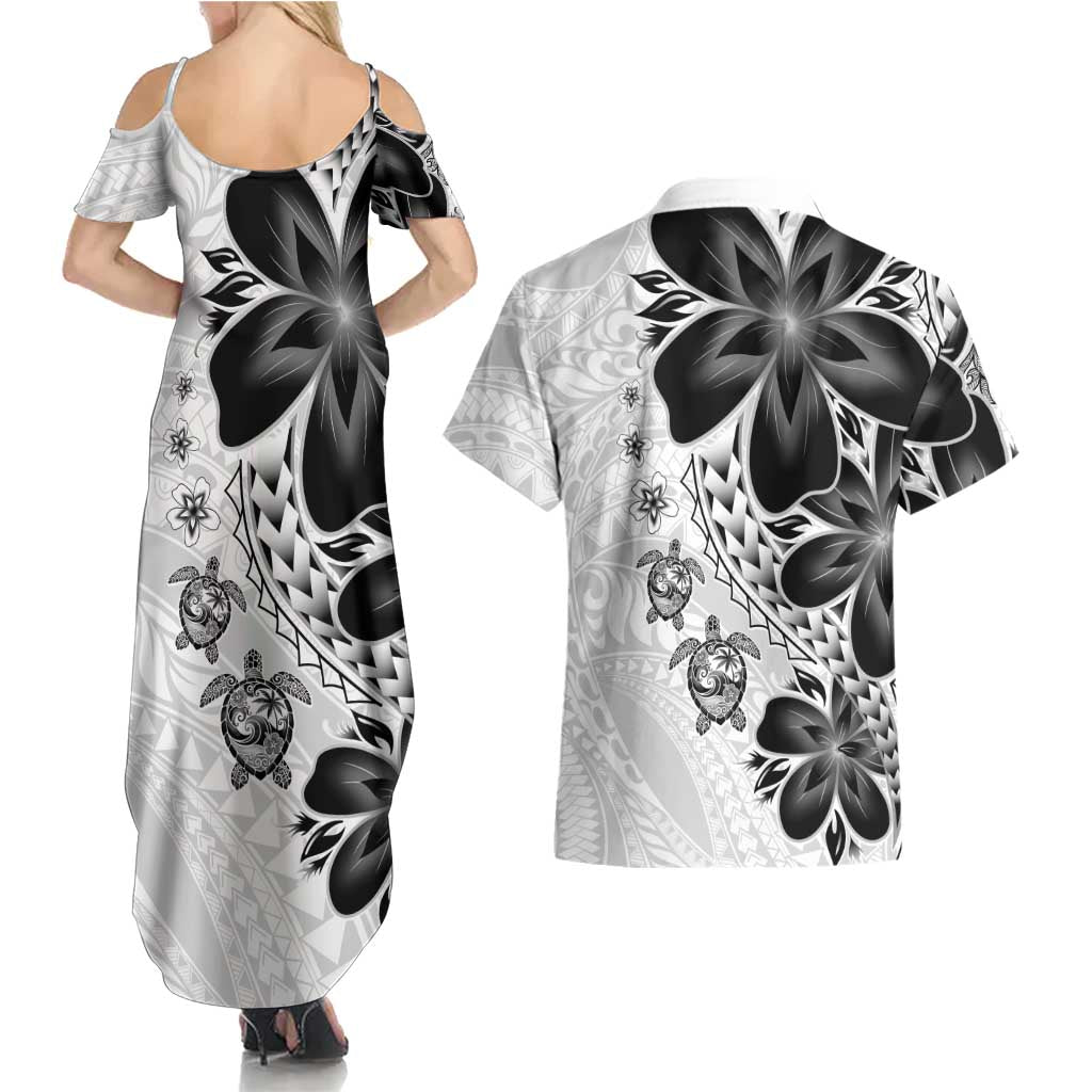 Polynesia Romantic Valentine Couples Matching Summer Maxi Dress and Hawaiian Shirt Sea Turtle Couple With White Plumeria