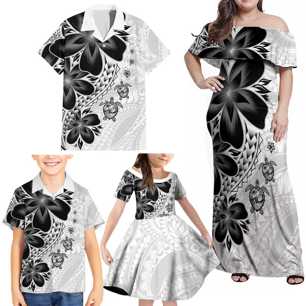 Polynesia Romantic Valentine Family Matching Off Shoulder Maxi Dress and Hawaiian Shirt Sea Turtle Couple With White Plumeria
