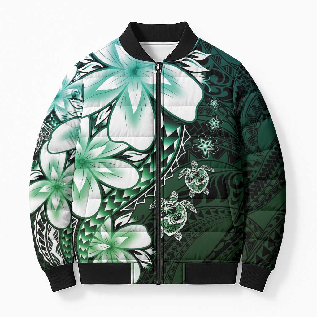 Polynesia Romantic Valentine Bomber Puffer Jacket Sea Turtle Couple With Aqua Gradient Plumeria