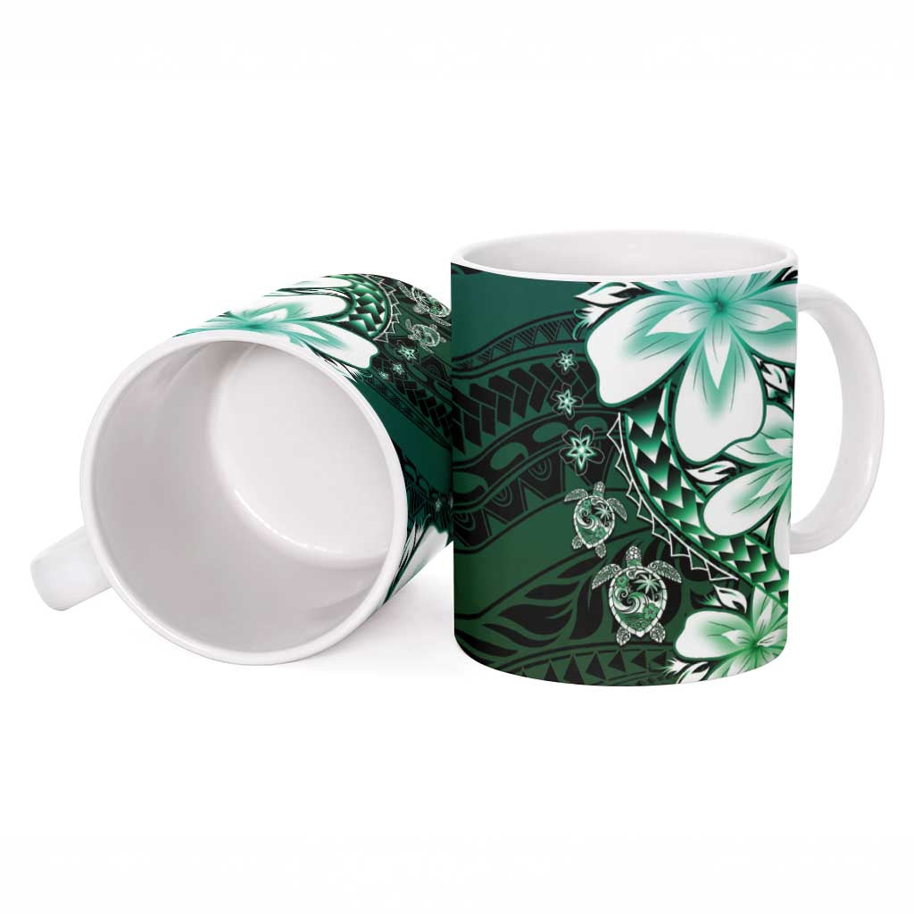 Polynesia Romantic Valentine Ceramic Mug Sea Turtle Couple With Aqua Gradient Plumeria