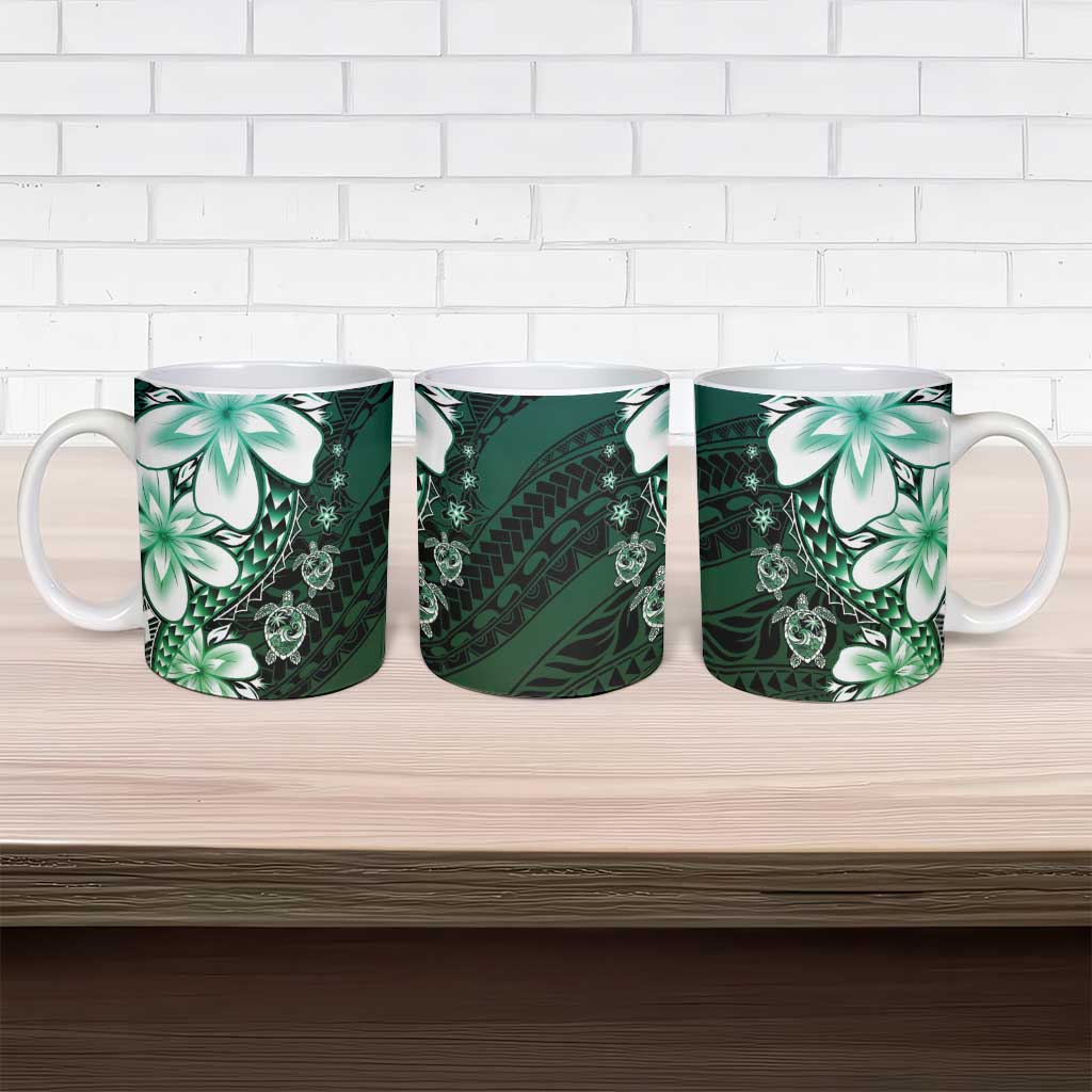 Polynesia Romantic Valentine Ceramic Mug Sea Turtle Couple With Aqua Gradient Plumeria
