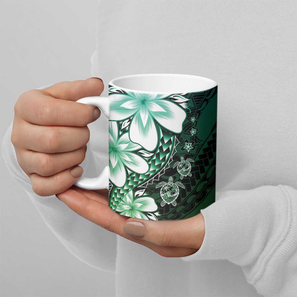 Polynesia Romantic Valentine Ceramic Mug Sea Turtle Couple With Aqua Gradient Plumeria