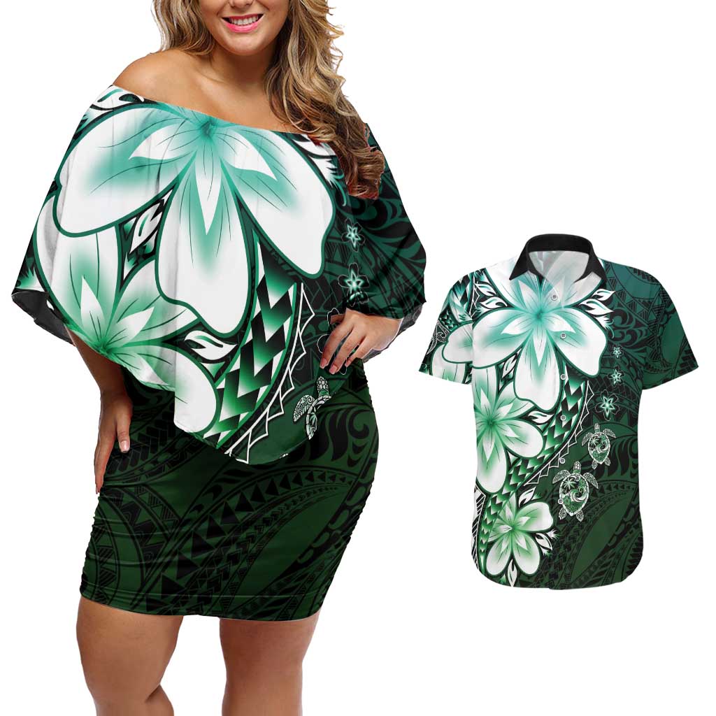Polynesia Romantic Valentine Couples Matching Off Shoulder Short Dress and Hawaiian Shirt Sea Turtle Couple With Aqua Gradient Plumeria