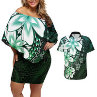 Polynesia Romantic Valentine Couples Matching Off Shoulder Short Dress and Hawaiian Shirt Sea Turtle Couple With Aqua Gradient Plumeria