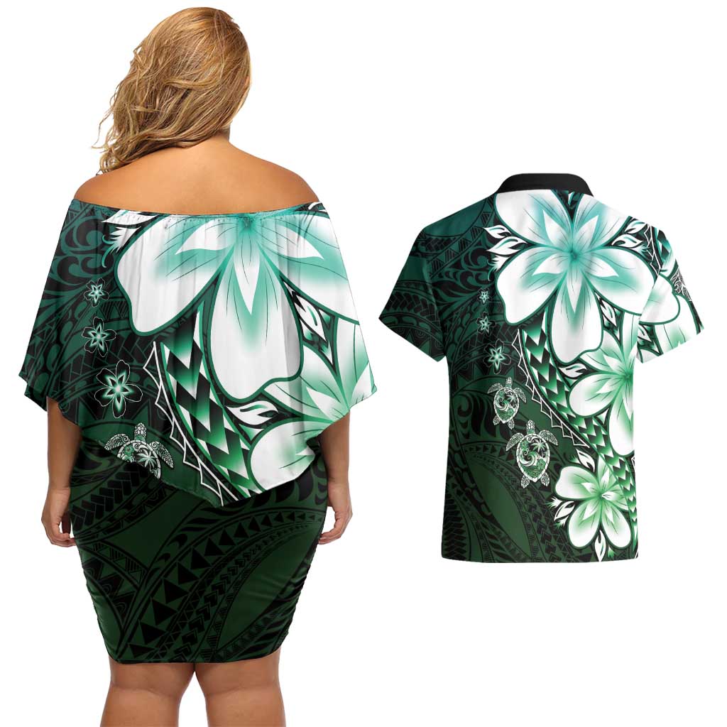 Polynesia Romantic Valentine Couples Matching Off Shoulder Short Dress and Hawaiian Shirt Sea Turtle Couple With Aqua Gradient Plumeria