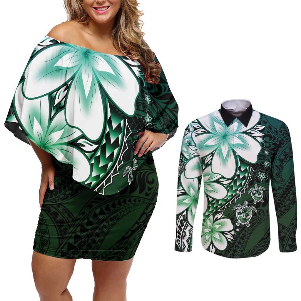 Polynesia Romantic Valentine Couples Matching Off Shoulder Short Dress and Long Sleeve Button Shirt Sea Turtle Couple With Aqua Gradient Plumeria