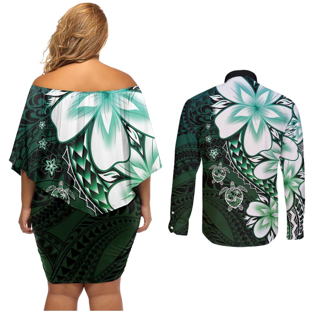 Polynesia Romantic Valentine Couples Matching Off Shoulder Short Dress and Long Sleeve Button Shirt Sea Turtle Couple With Aqua Gradient Plumeria