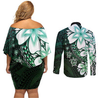 Polynesia Romantic Valentine Couples Matching Off Shoulder Short Dress and Long Sleeve Button Shirt Sea Turtle Couple With Aqua Gradient Plumeria