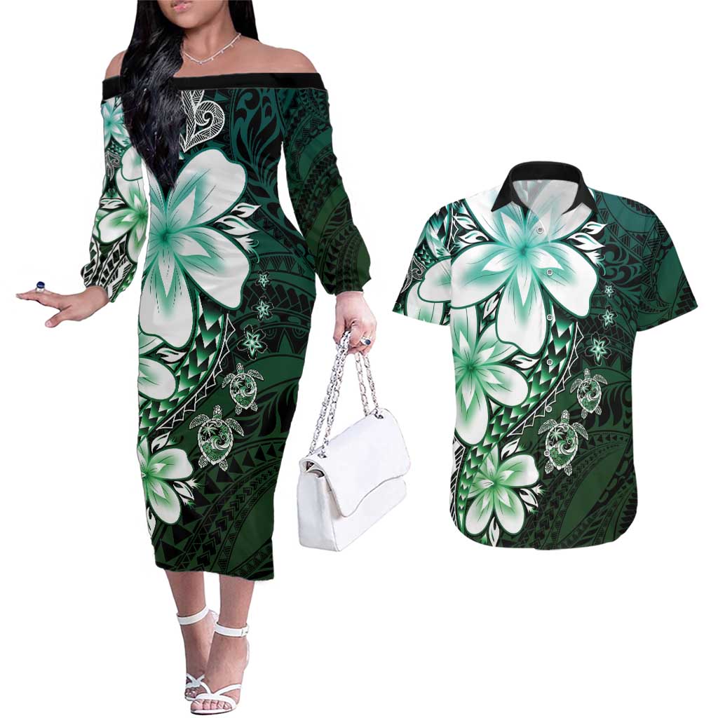 Polynesia Romantic Valentine Couples Matching Off The Shoulder Long Sleeve Dress and Hawaiian Shirt Sea Turtle Couple With Aqua Gradient Plumeria