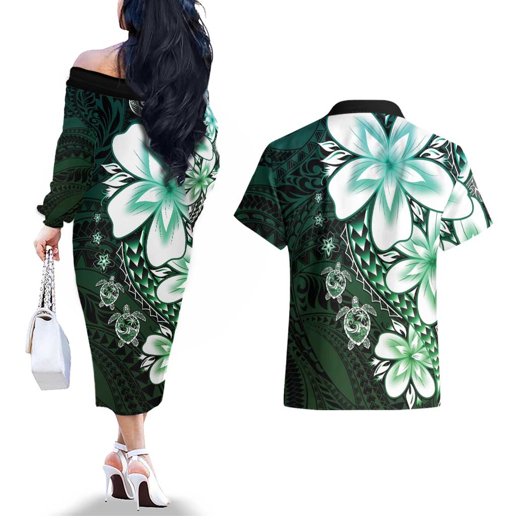 Polynesia Romantic Valentine Couples Matching Off The Shoulder Long Sleeve Dress and Hawaiian Shirt Sea Turtle Couple With Aqua Gradient Plumeria