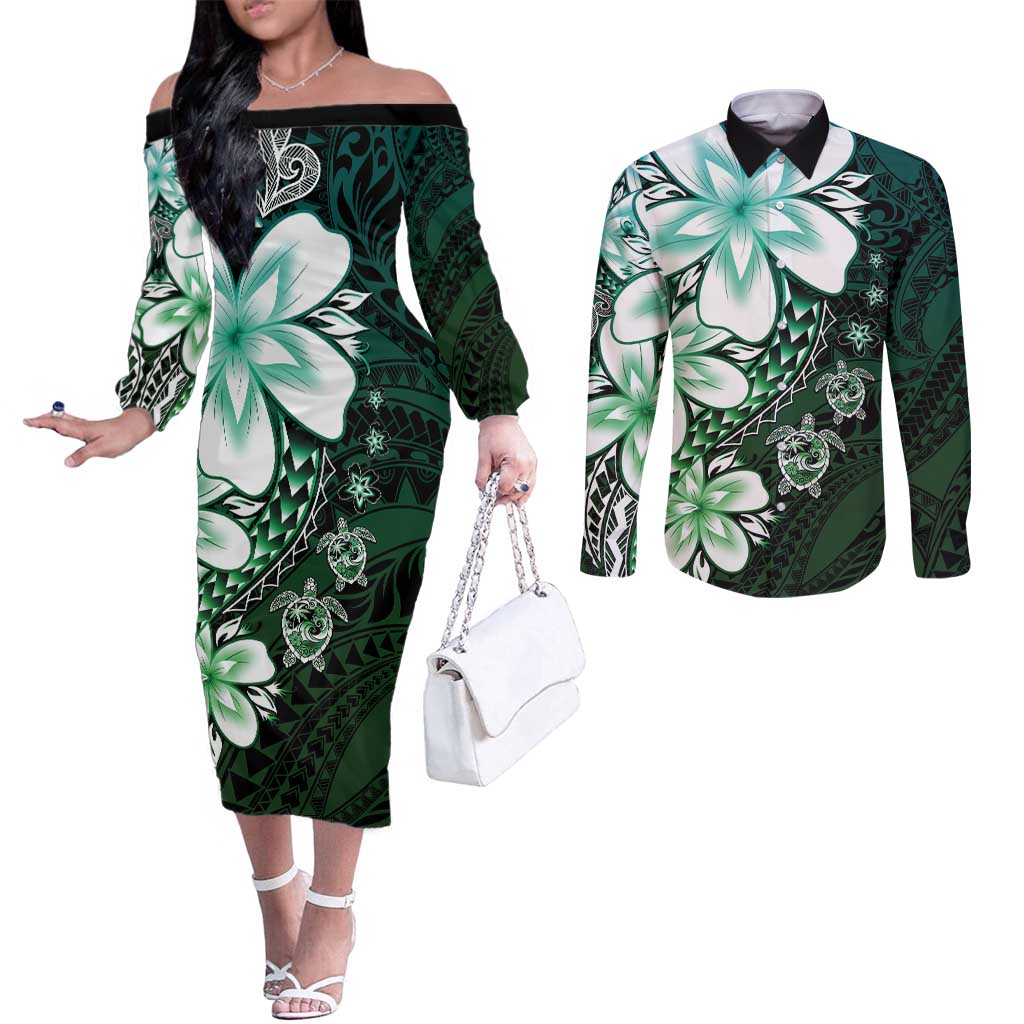 Polynesia Romantic Valentine Couples Matching Off The Shoulder Long Sleeve Dress and Long Sleeve Button Shirt Sea Turtle Couple With Aqua Gradient Plumeria