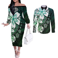 Polynesia Romantic Valentine Couples Matching Off The Shoulder Long Sleeve Dress and Long Sleeve Button Shirt Sea Turtle Couple With Aqua Gradient Plumeria