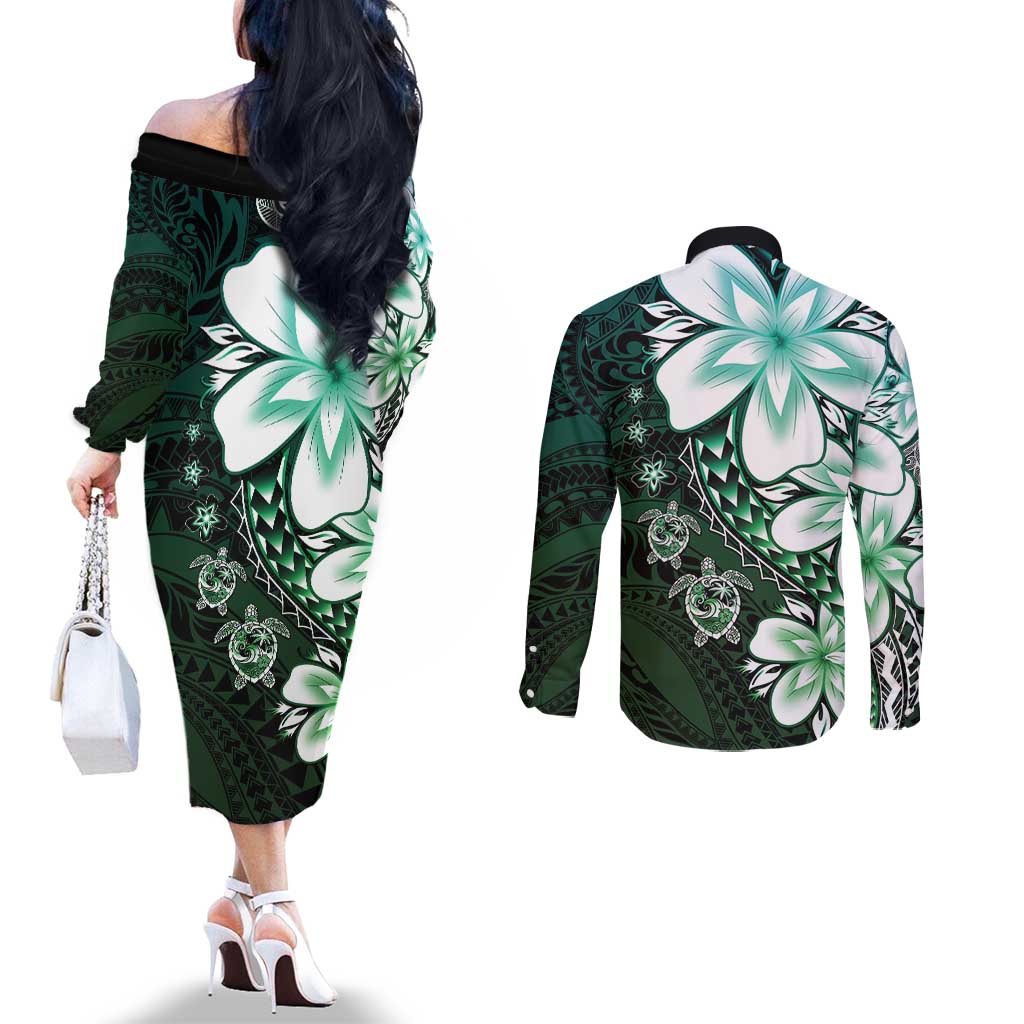Polynesia Romantic Valentine Couples Matching Off The Shoulder Long Sleeve Dress and Long Sleeve Button Shirt Sea Turtle Couple With Aqua Gradient Plumeria