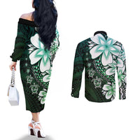 Polynesia Romantic Valentine Couples Matching Off The Shoulder Long Sleeve Dress and Long Sleeve Button Shirt Sea Turtle Couple With Aqua Gradient Plumeria