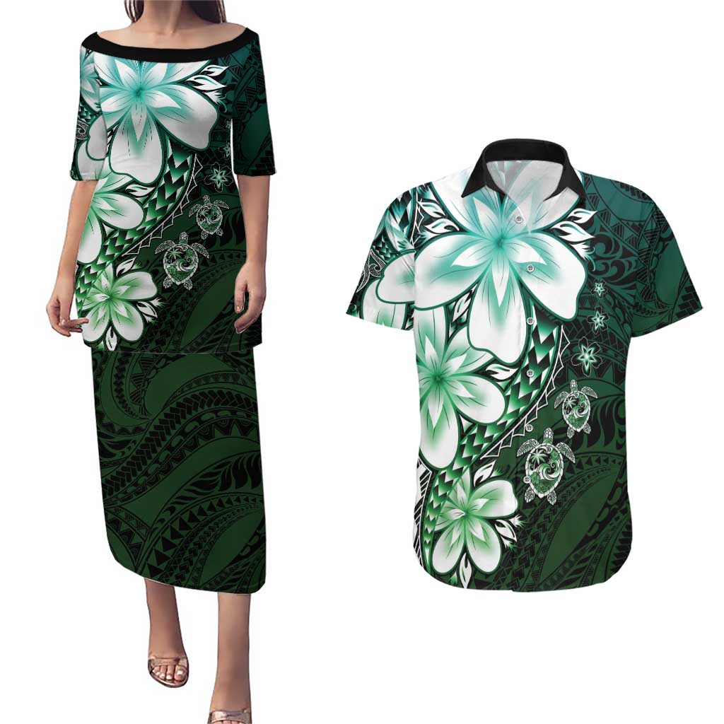 Polynesia Romantic Valentine Couples Matching Puletasi and Hawaiian Shirt Sea Turtle Couple With Aqua Gradient Plumeria