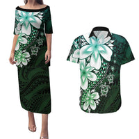 Polynesia Romantic Valentine Couples Matching Puletasi and Hawaiian Shirt Sea Turtle Couple With Aqua Gradient Plumeria
