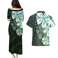 Polynesia Romantic Valentine Couples Matching Puletasi and Hawaiian Shirt Sea Turtle Couple With Aqua Gradient Plumeria