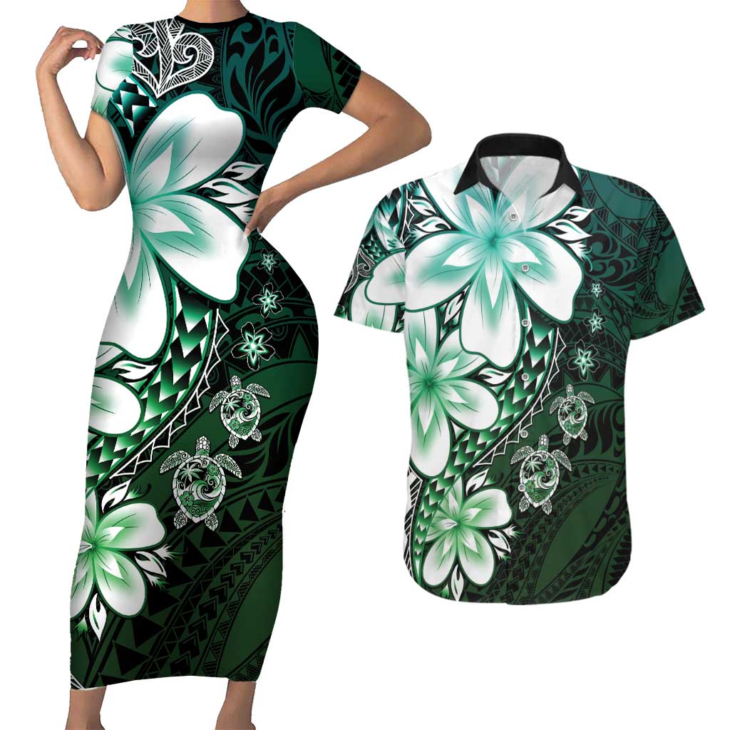 Polynesia Romantic Valentine Couples Matching Short Sleeve Bodycon Dress and Hawaiian Shirt Sea Turtle Couple With Aqua Gradient Plumeria