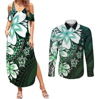 Polynesia Romantic Valentine Couples Matching Summer Maxi Dress and Long Sleeve Button Shirt Sea Turtle Couple With Aqua Gradient Plumeria LT05 Aqua - Polynesian Pride