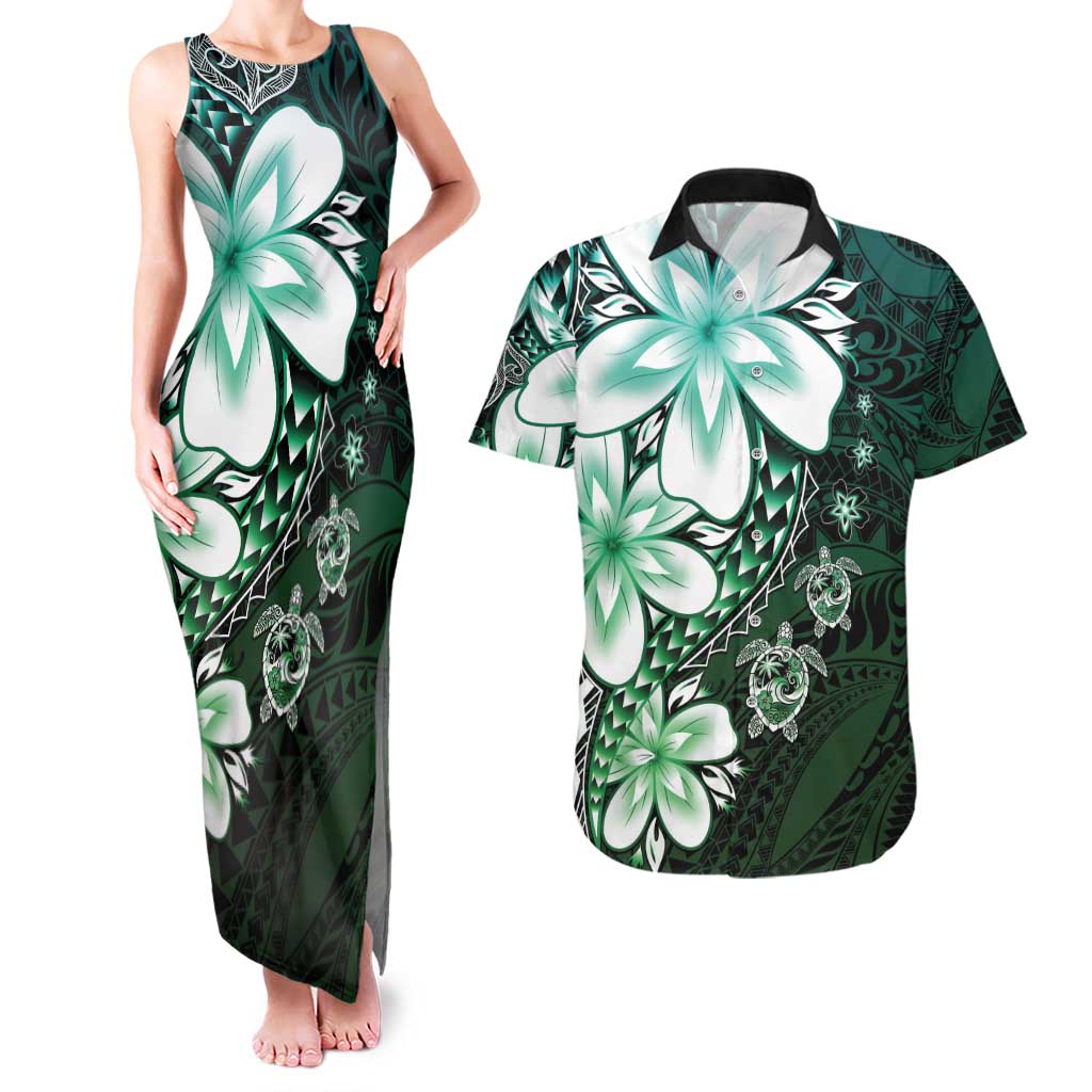 Polynesia Romantic Valentine Couples Matching Tank Maxi Dress and Hawaiian Shirt Sea Turtle Couple With Aqua Gradient Plumeria