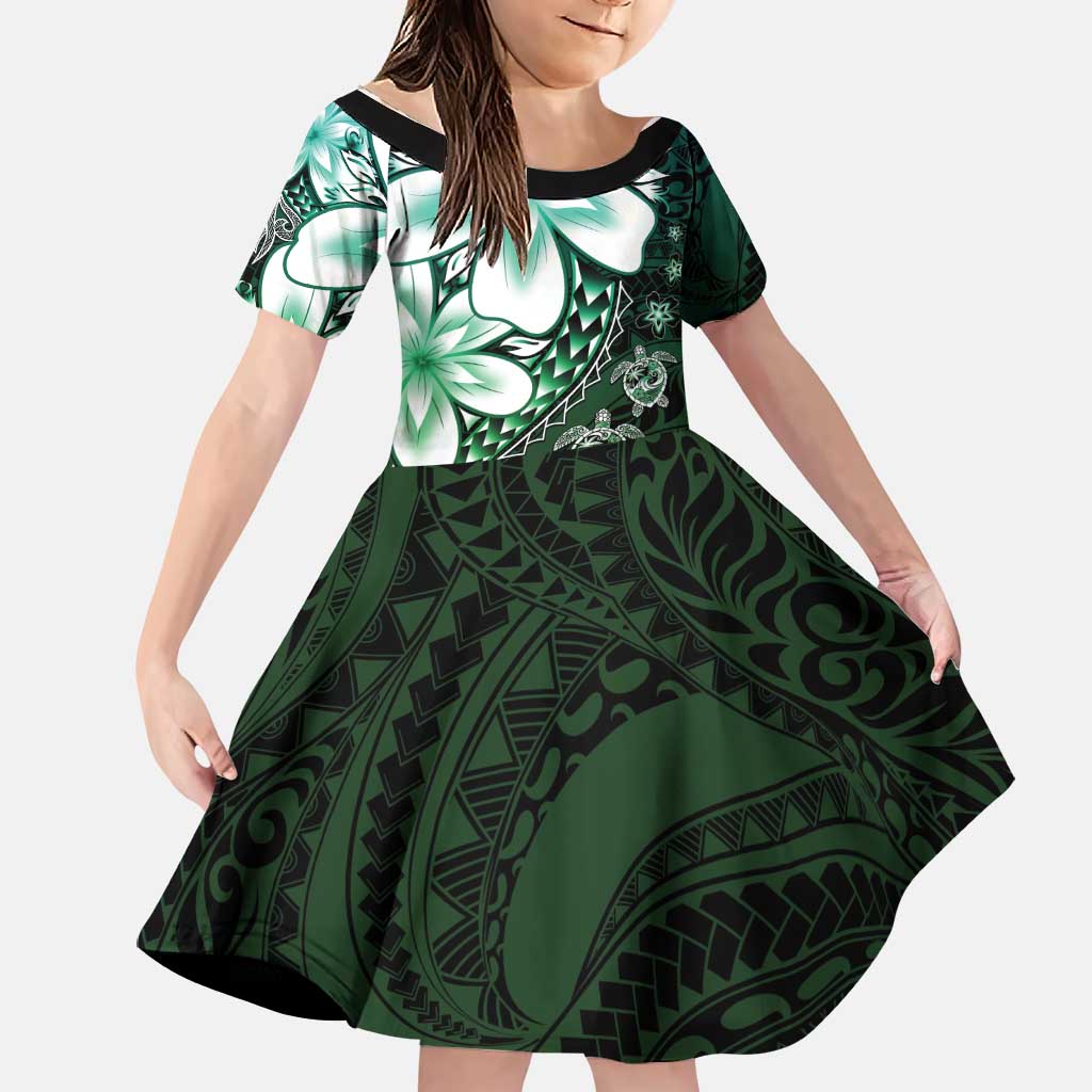 Polynesia Romantic Valentine Family Matching Off Shoulder Short Dress and Hawaiian Shirt Sea Turtle Couple With Aqua Gradient Plumeria LT05 Daughter's Dress Aqua - Polynesian Pride