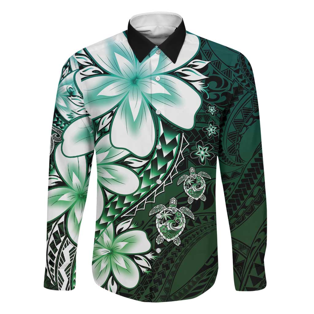 Polynesia Romantic Valentine Family Matching Short Sleeve Bodycon Dress and Hawaiian Shirt Sea Turtle Couple With Aqua Gradient Plumeria LT05 Dad's Shirt - Long Sleeve Aqua - Polynesian Pride