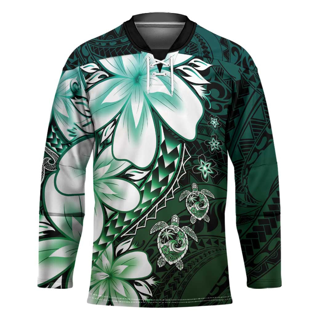 Polynesia Romantic Valentine Hockey Jersey Sea Turtle Couple With Aqua Gradient Plumeria