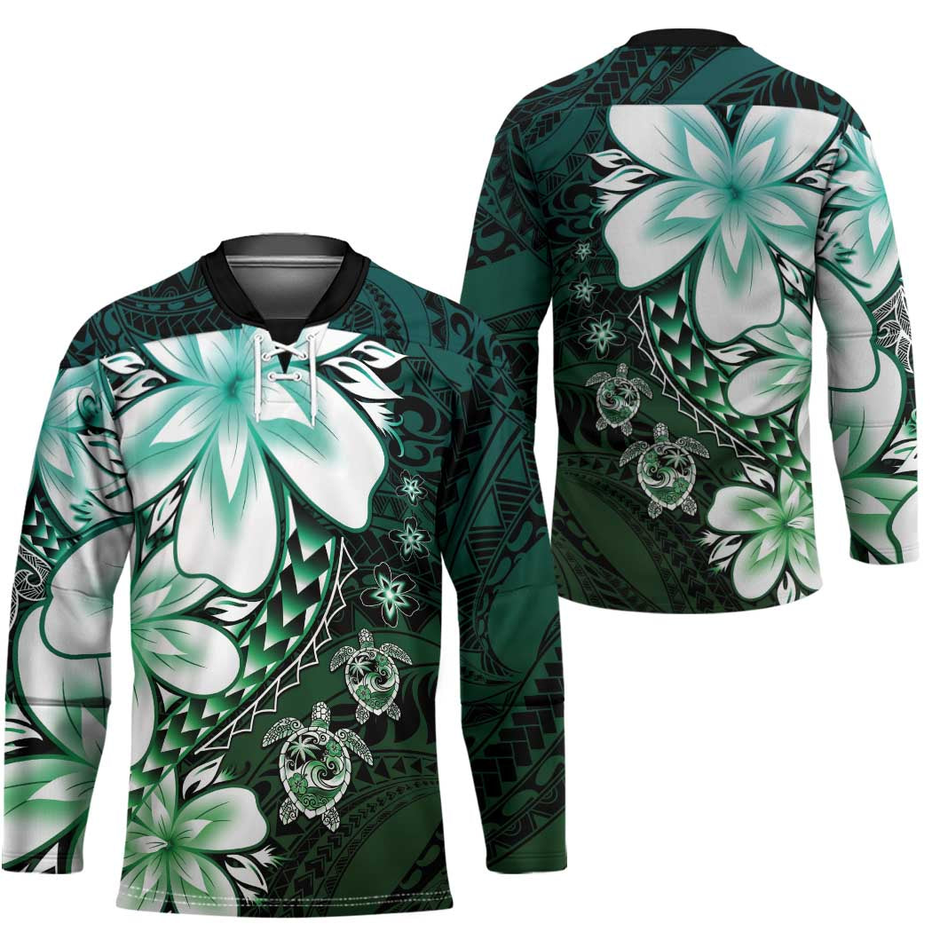 Polynesia Romantic Valentine Hockey Jersey Sea Turtle Couple With Aqua Gradient Plumeria
