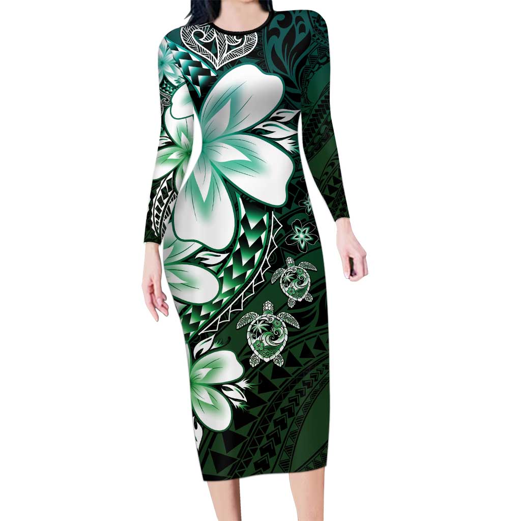 Polynesia Romantic Valentine Long Sleeve Bodycon Dress Sea Turtle Couple With Aqua Gradient Plumeria LT05 Long Dress Aqua - Polynesian Pride
