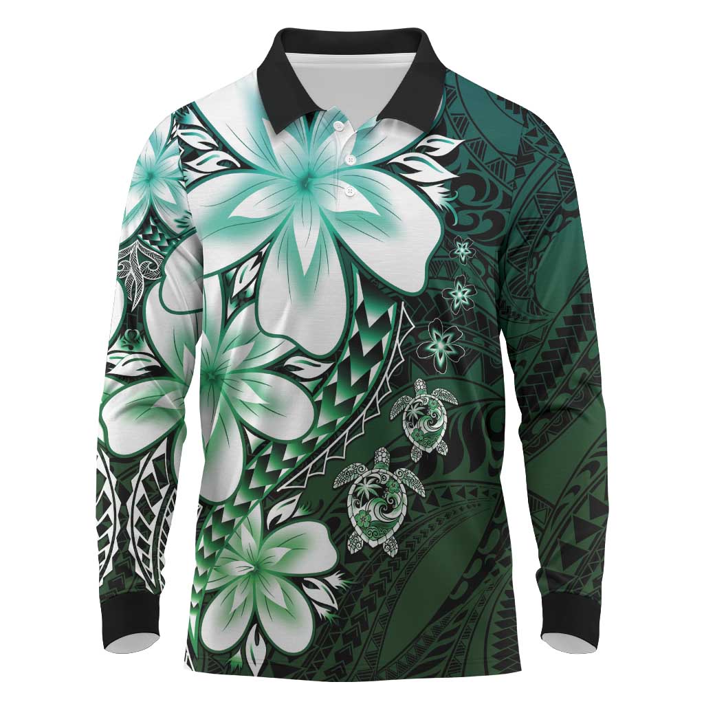 Polynesia Romantic Valentine Long Sleeve Polo Shirt Sea Turtle Couple With Aqua Gradient Plumeria