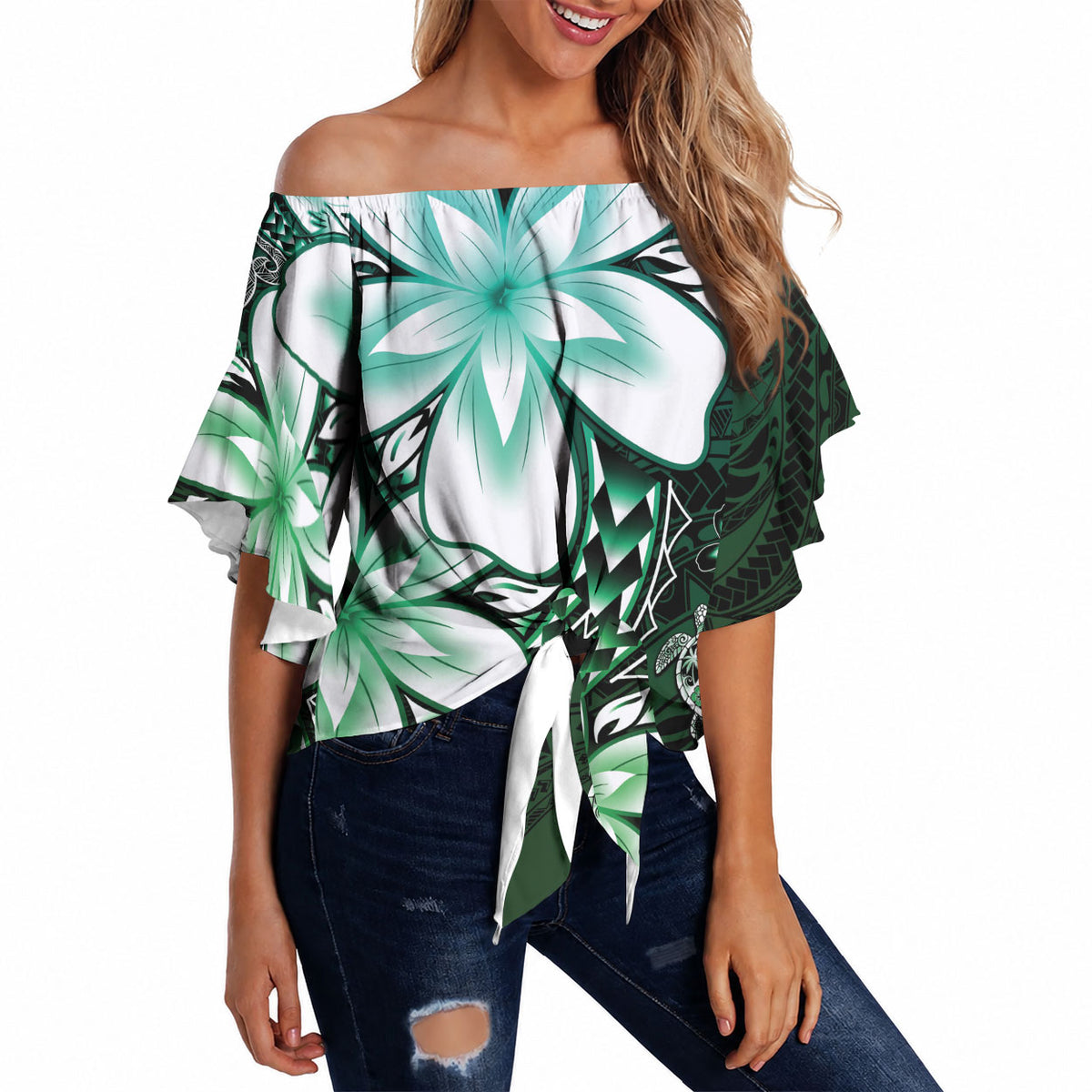 Polynesia Romantic Valentine Off Shoulder Wrap Waist Top Sea Turtle Couple With Aqua Gradient Plumeria LT05 - Polynesian Pride