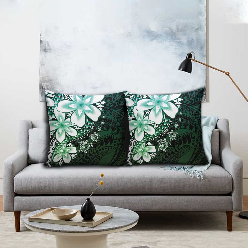 Polynesia Romantic Valentine Pillow Cover Sea Turtle Couple With Aqua Gradient Plumeria