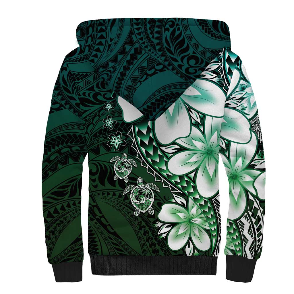 Polynesia Romantic Valentine Sherpa Hoodie Sea Turtle Couple With Aqua Gradient Plumeria