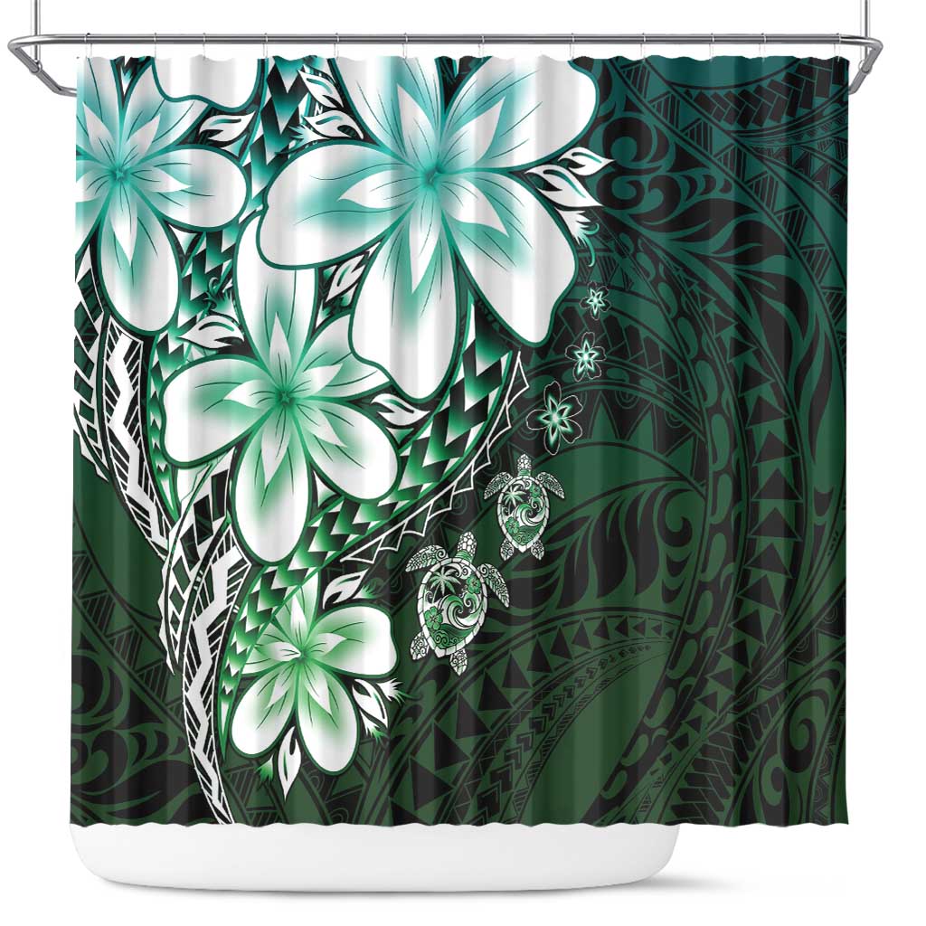 Polynesia Romantic Valentine Shower Curtain Sea Turtle Couple With Aqua Gradient Plumeria