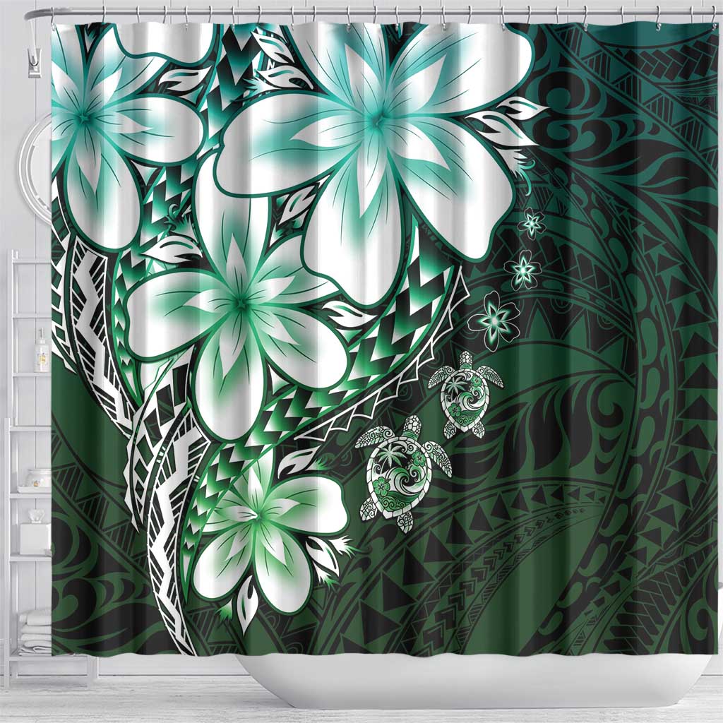 Polynesia Romantic Valentine Shower Curtain Sea Turtle Couple With Aqua Gradient Plumeria
