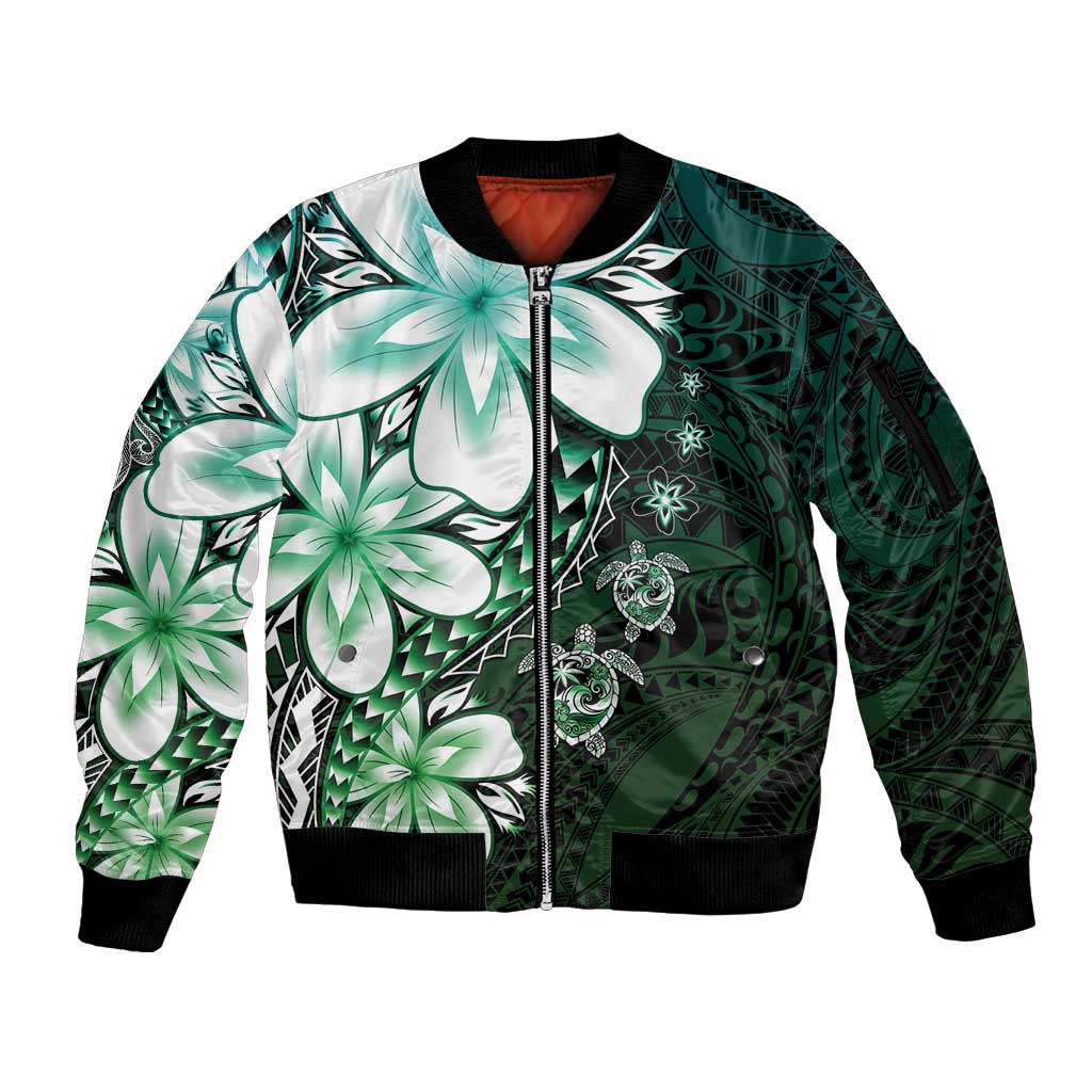 Polynesia Romantic Valentine Sleeve Zip Bomber Jacket Sea Turtle Couple With Aqua Gradient Plumeria