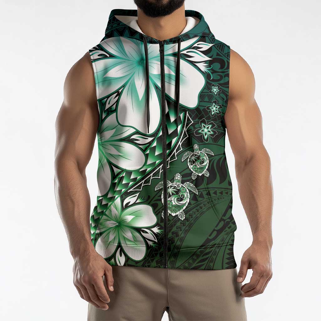 Polynesia Romantic Valentine Sleeveless Zip Hoodie Sea Turtle Couple With Aqua Gradient Plumeria LT05 - Polynesian Pride