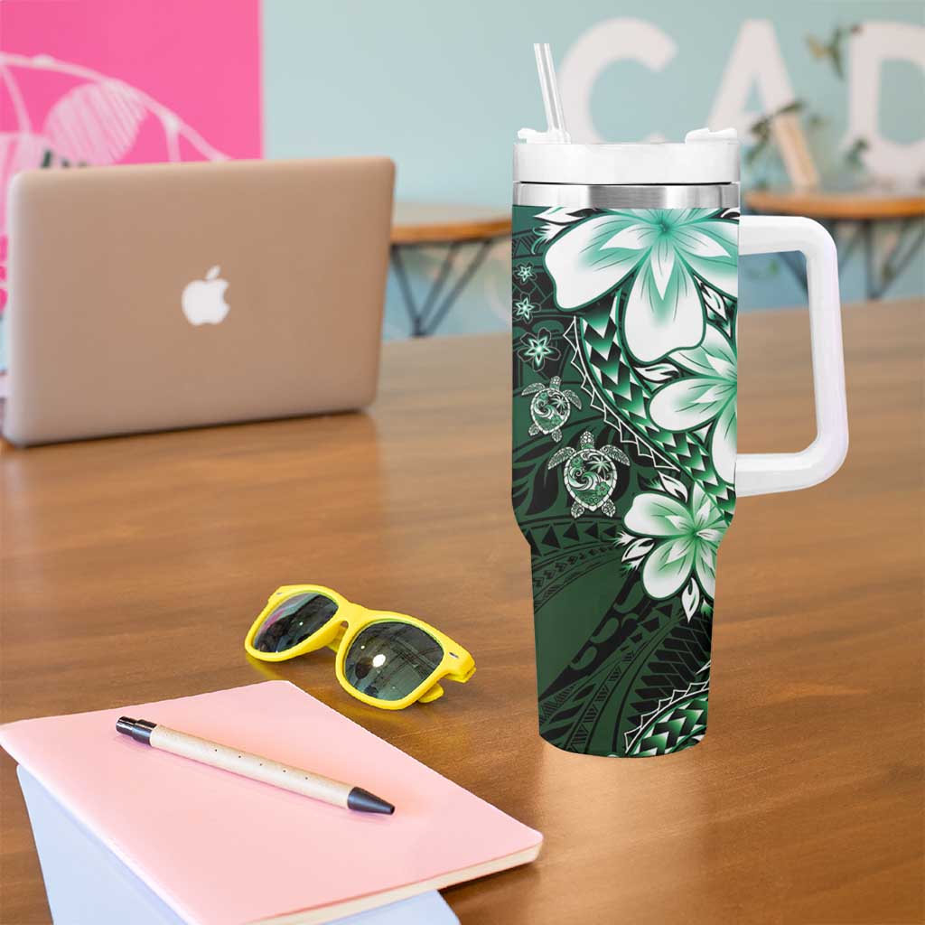 Polynesia Romantic Valentine Tumbler With Handle Sea Turtle Couple With Aqua Gradient Plumeria LT05 - Polynesian Pride