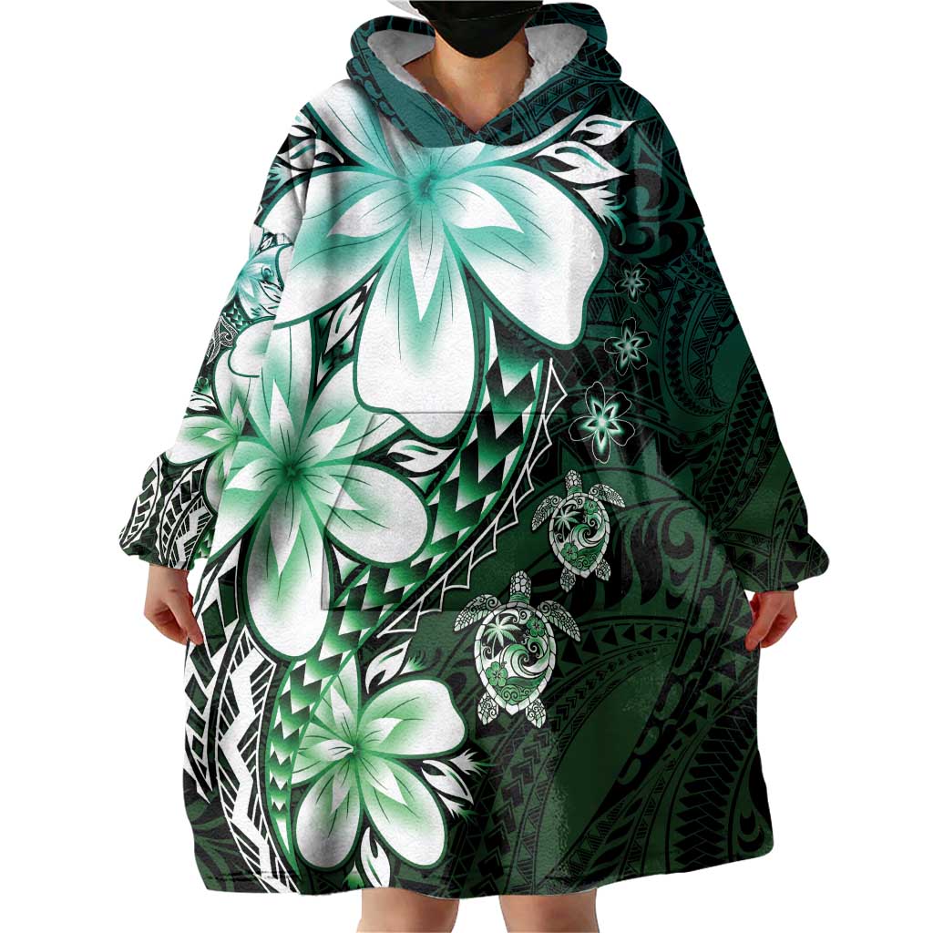 Polynesia Romantic Valentine Wearable Blanket Hoodie Sea Turtle Couple With Aqua Gradient Plumeria
