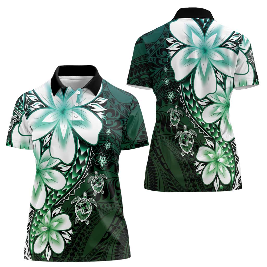 Polynesia Romantic Valentine Women Polo Shirt Sea Turtle Couple With Aqua Gradient Plumeria LT05 - Polynesian Pride