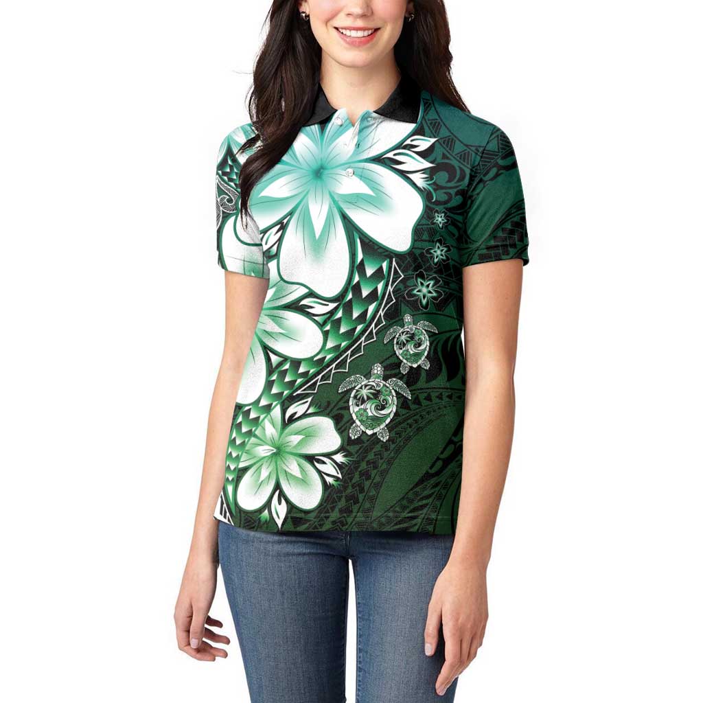Polynesia Romantic Valentine Women Polo Shirt Sea Turtle Couple With Aqua Gradient Plumeria LT05 - Polynesian Pride