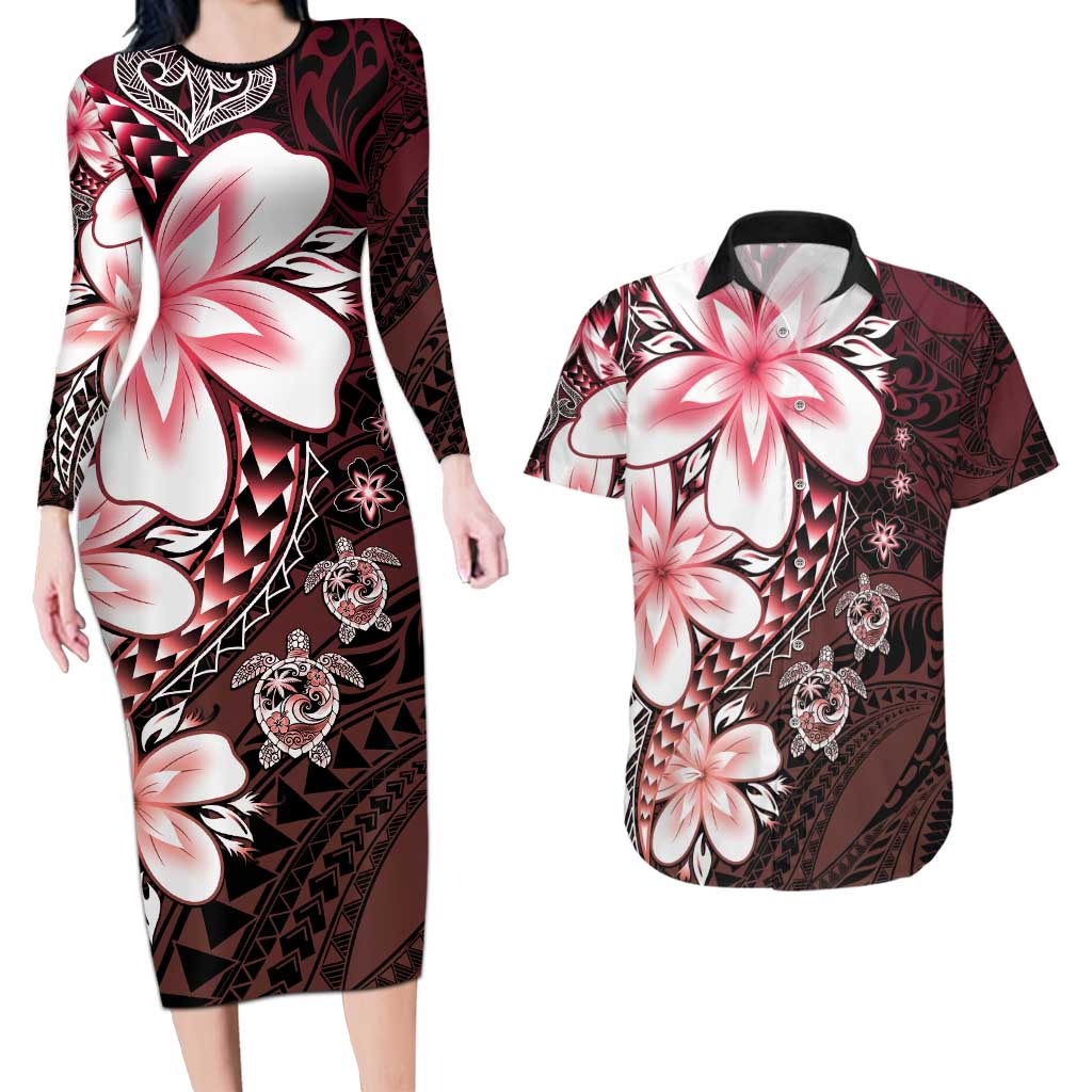 Polynesia Romantic Valentine Couples Matching Long Sleeve Bodycon Dress and Hawaiian Shirt Sea Turtle Couple With Red Gradient Plumeria