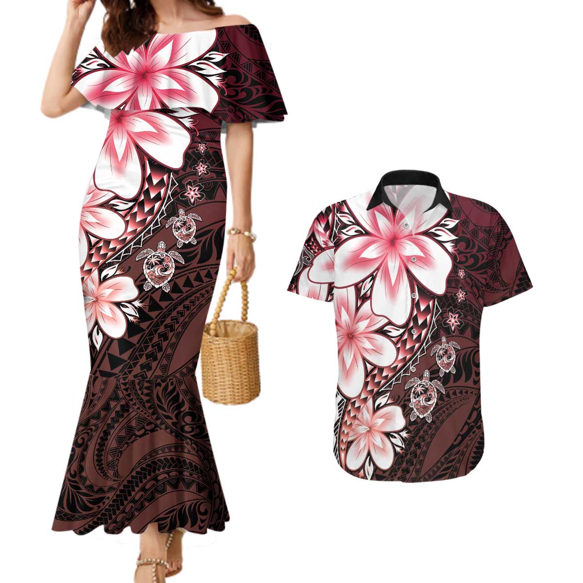 Polynesia Romantic Valentine Couples Matching Mermaid Dress and Hawaiian Shirt Sea Turtle Couple With Red Gradient Plumeria